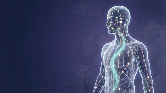 Digital illustration of traditional Chinese medicine meridian system with glowing qi energy pathways and acupuncture points on translucent human body