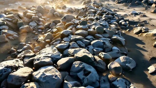 Dusty Rocky Terrain with Sunlight and Blowing Dust in a Dry Environment