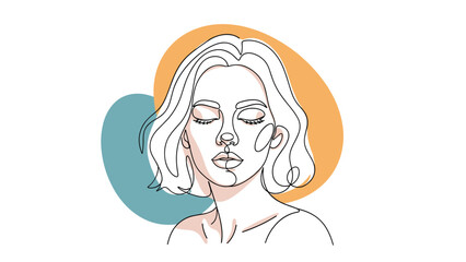 Serene profile of a woman with closed eyes and short hair, rendered in minimalist line art with abstract color circles.