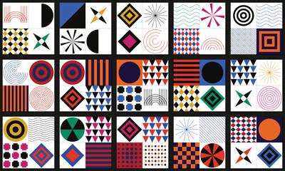 Obraz premium Abstract Geometric Pattern Collection Vector with Bauhaus Style Shapes and Modern Design Elements for Backgrounds, Branding, and Web Graphics