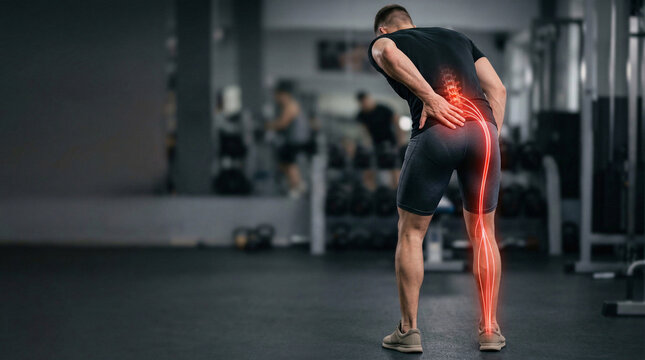 Athletic Man with Sciatica Pain in Gym &ndash; Sciatic Nerve Pain Radiating from Lower Back to Leg