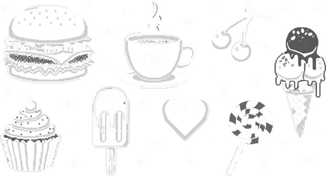Pixel Style Fast Food and Dessert Icon Set Featuring Burger Coffee Ice Cream Cupcake Popsicle Candy and Sweet Snacks