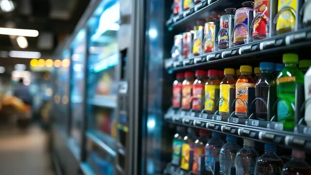 Store filled with lots of vending machines, automated retail environment, multiple dispenser corridor, convenience shopping space, vending machine array, defocused machine rows,