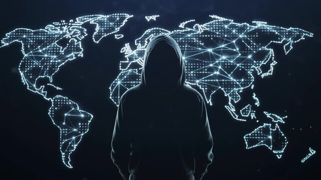 Dark tech environment with silhouette hacker figure and large digital world map made of glowing network lines, cybercrime concept


