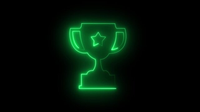 Glowing neon line award cup icon with a bright luminous outline on a dark background. Futuristic trophy symbol representing victory, achievement, success, leadership, championship,4k video animation.