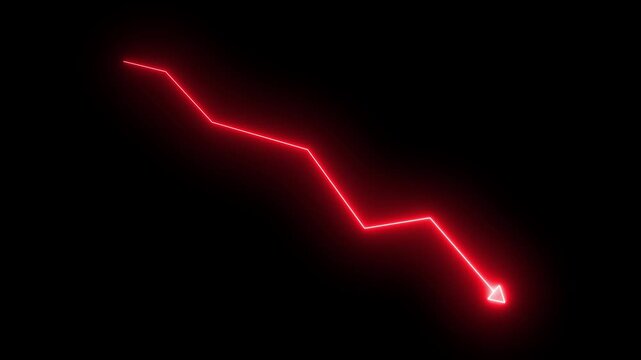 Neon line business graph icon featuring a glowing chart with a downward arrow, symbolizing decline, loss, market drop, risk, or negative growth. Designed in a modern neon line style on a dark.4k video