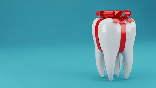 A beautifully rendered white molar tooth, wrapped with a bright red ribbon and elegant bow, symbolizing the precious gift of good oral health