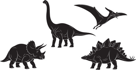 Dinosaur silhouette vector illustration, Triceratops, Brachiosaurus, Pteranodon, Stegosaurus, prehistoric animals, paleontology artwork, educational design, ancient reptiles, © MdArfin