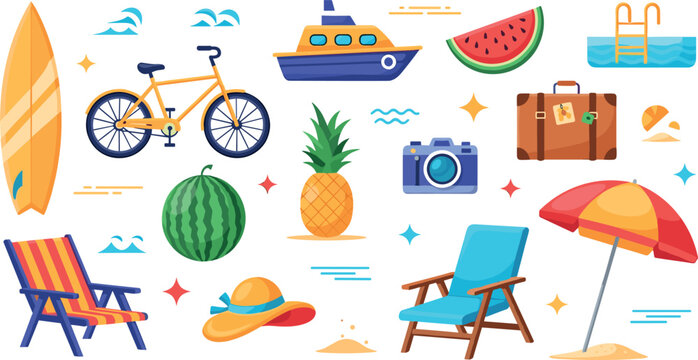 Summer vacation travel collection with surfboard bicycle pineapple camera beach chair umbrella and suitcase vector illustration set
