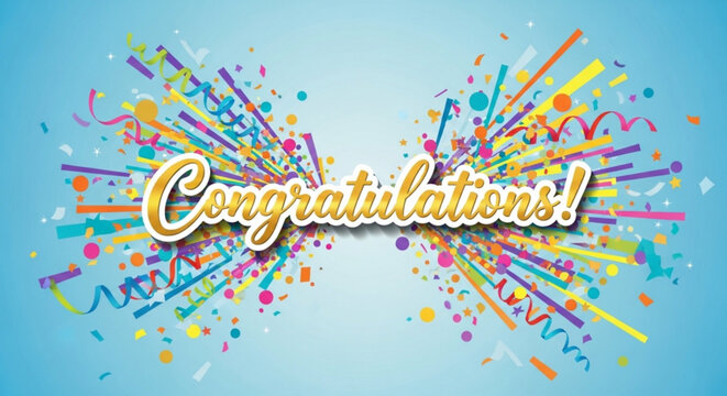 Vibrant congratulations message with colorful confetti and streamers on blue background for celebrations and parties
