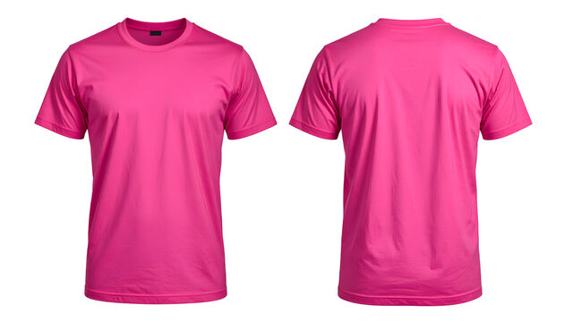 Blank bright pink fuchsia t-shirt mockup template showing front and back views on a clean white background.