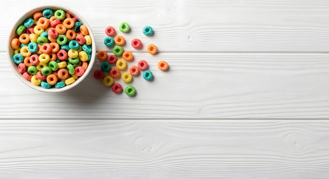 Colorful froot loops spilled from a bowl on a white wooden table