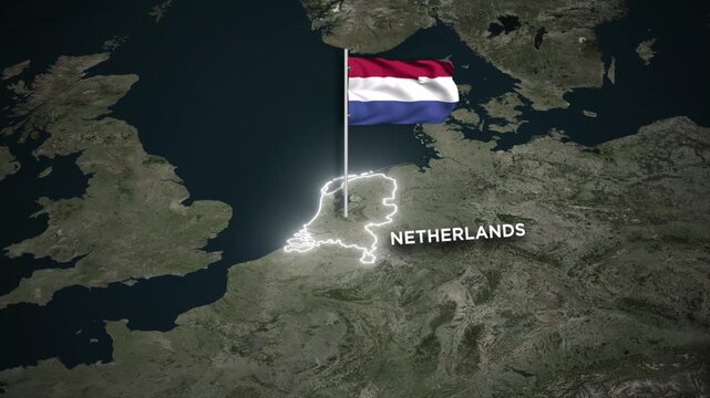 Animated Netherlands Glowing Border Map with 3D Waving of Netherlands National Flag Animation on World Map View