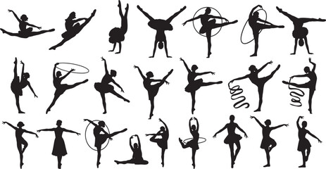 Large collection of black silhouettes featuring female rhythmic gymnasts and ballet dancers with hoops and ribbons, artistic sports poses and graceful movements isolated on white © MdArfin