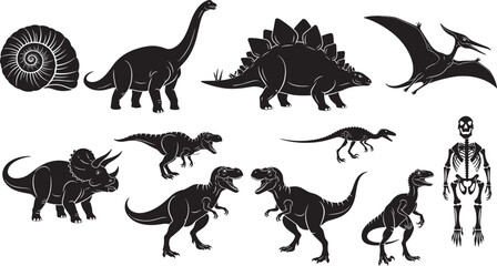 Prehistoric dinosaur silhouettes collection, tyrannosaurus stegosaurus triceratops pterodactyl ammonite fossil skeleton icons, jurassic animals black shapes isolated vector illustration set © MdArfin