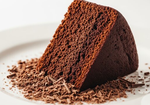 A decadent chocolate cake slice on a white plate, sprinkled with chocolate shavings.