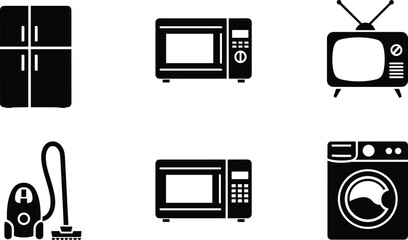 Modern household appliances icon set, refrigerator, microwave oven, television, vacuum cleaner, washing machine, black silhouette home electronics symbols collection isolated vector illustration