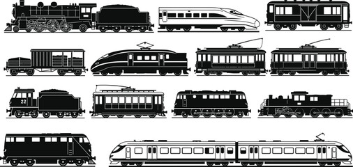  Train collection silhouette vector illustration, railway locomotive passenger cargo tram and high speed train icons set, transportation rail vehicles isolated © Rebeka