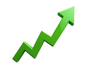 A glossy green arrow zigzags upward against a stark black background