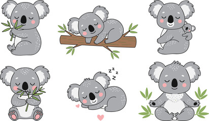 Cute koala characters collection eating eucalyptus sleeping sitting with baby cartoon animal flat vector illustration set isolated
