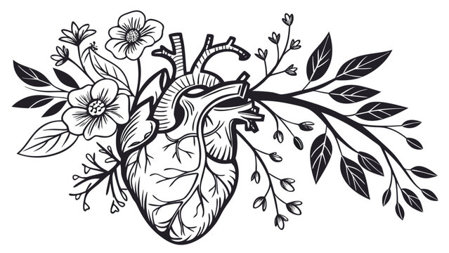 Vector illustration of human anatomical heart with blooming flowers and leaves line art