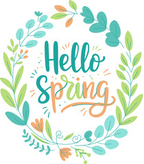 Vibrant floral wreath illustration welcoming the fresh beauty of the new season, featuring a cheerful 'Hello Spring' message at its heart, perfect for seasonal greetings and festive designs © Smiling