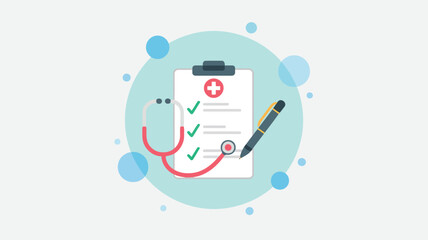 Health record concept with a clipboard, stethoscope, and pen for medical documentation and care