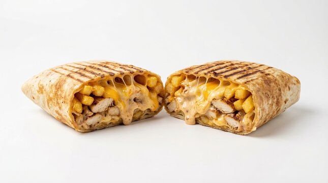 French tacos coup&eacute; en deux poulet fromage fondu sauce &mdash; Snacking street food fond blanc