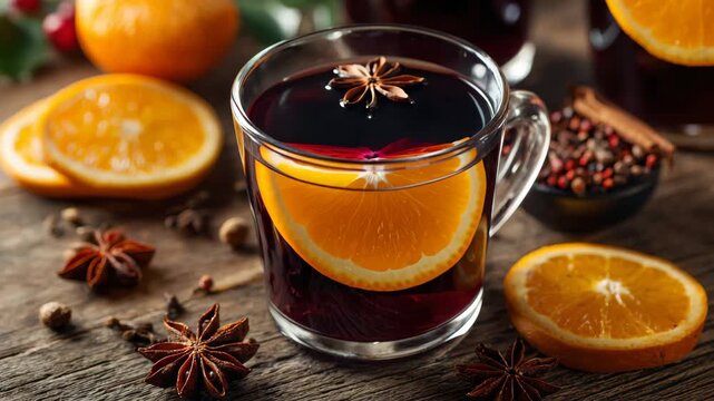 Mulled wine, hot winter beverage, spiced red wine with orange slices and star anise
