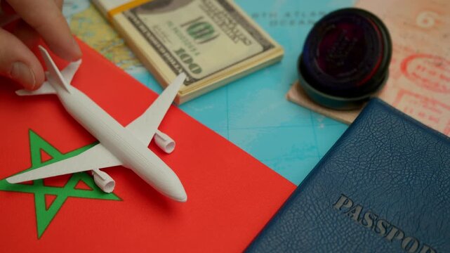 Airplane lands beside passport and cash stack on world map with Morocco flag, symbolizing international travel and visa process.