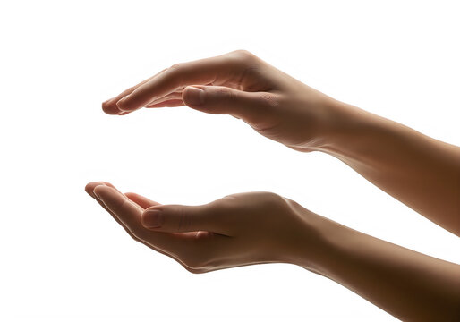 Two human hands positioned to hold or protect an invisible sphere or object