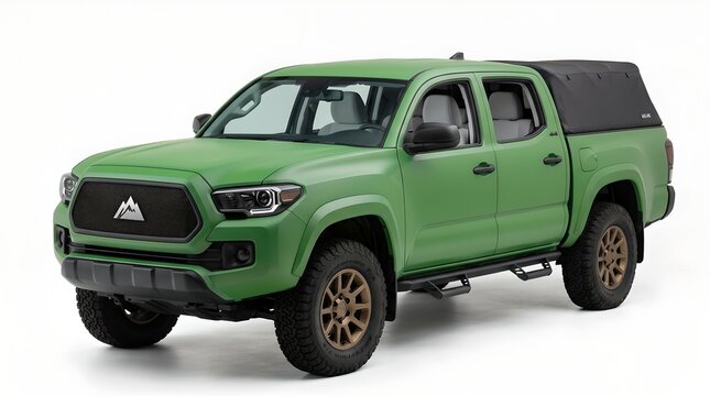 Green Toyota Tacoma pickup truck with black canopy on white background