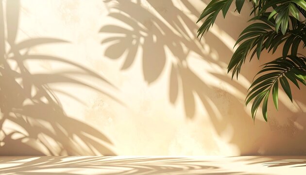 Warm sunlit wall with natural palm leaf shadows creating a serene and tropical backdrop, perfect for product photography or a stylish presentation
