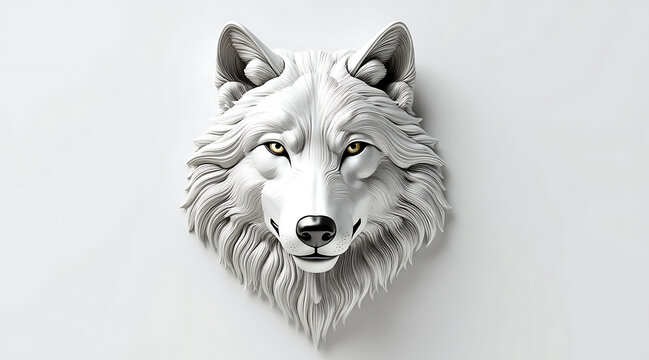 White wolf head sculpture carved with intricate fur detail and golden eyes conveying majestic calm