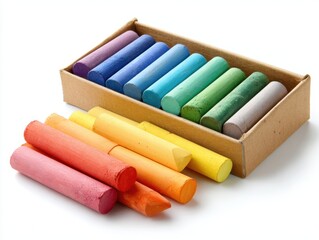 Obraz premium Colorful Chalk sticks and box isolated on white background