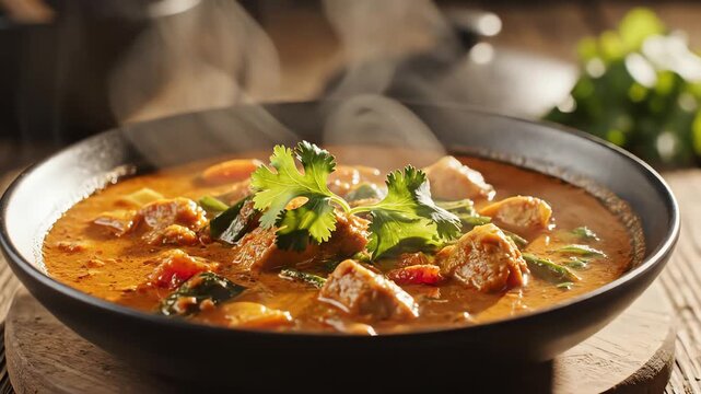 Chef garnishing a bowl of stew with fresh herbs close up
