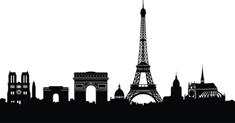 Paris skyline silhouette with Eiffel Tower, Arc de Triomphe and Notre Dame cathedral, famous France landmarks cityscape vector illustration isolated