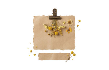 Vintage craft paper mockup with aged metal binder clip decorated with dried yellow flowers and scattered petals for rustic journaling and scrapbooking