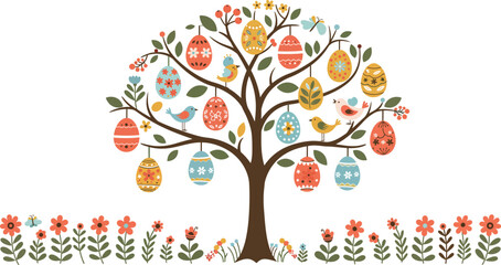 Colorful easter eggs hanging from tree branches with flowers and grass