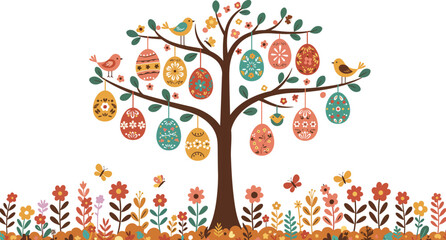 Obraz premium Colorful easter eggs hanging from tree branches surrounded by spring flowers on white background
