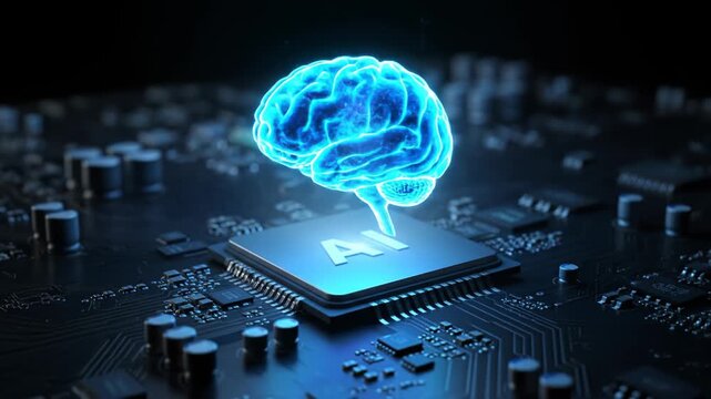 Close-up of glowing AI brain emerging from computer chip