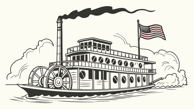 Vector illustration of american paddlewheel steamboat, vintage illustration