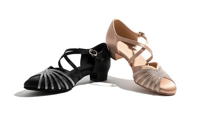 Naklejka premium Elegant pair of black and beige dance shoes, angled, with visible shadows on the floor. Detailed view of the intricate design and structure of the shoes. Perfect for ballroom dance or performing arts.