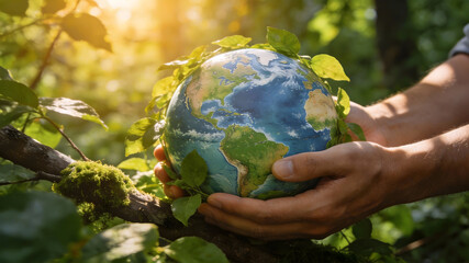 Hands Holding a Globe Wrapped in Green Leaves in a Sunlit Forest Concept