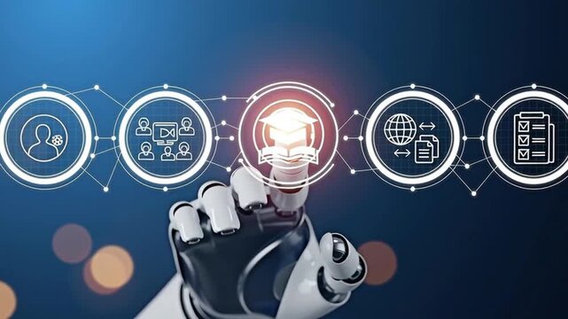 Robotic hand touch an Education icon for the concept of Technology and AI education.