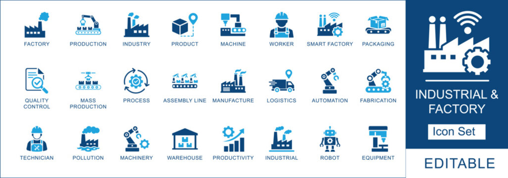 Smart Factory Icon Set. featuring Industry 4.0, Factory, logistics, worker, and smart industry concepts.