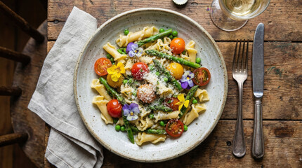 Artfully arranged plate of gourmet penne pasta with fresh asparagus, cherry tomatoes, peas, and edible flowers, served on a rustic wooden table.