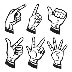 Obraz premium Set of black and white cartoon hands in business suit sleeves showing various gestures including pointing finger thumbs up victory sign and counting