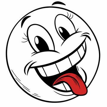 Dynamic vintage cartoon face with eyelashes and wide open smile showing red tongue in classic mid century comic book illustration style for design