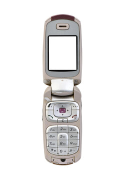 Silver flip mobile phone with white isolated screen on white background.